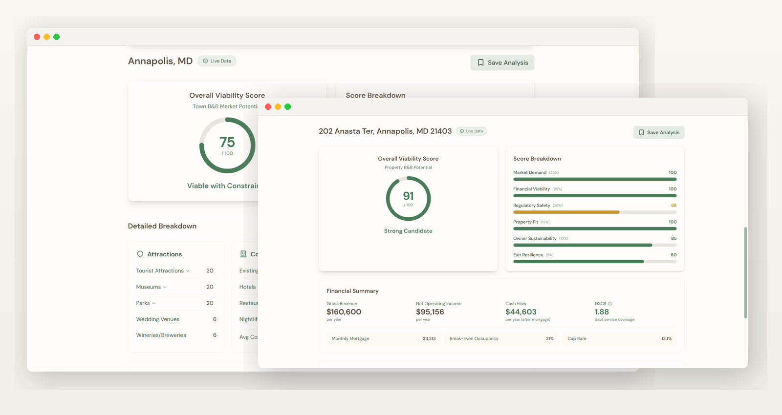 B&B Viability Analyzer showing Town Scanner and Property Analyzer results