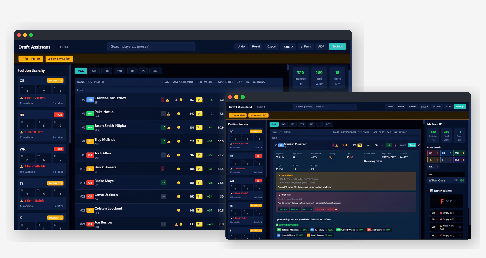 Fantasy Football Draft Assistant showing player rankings and analysis tools